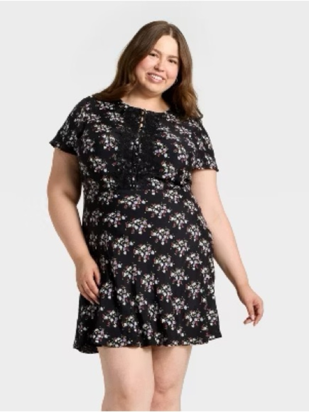 NWT Black Floral Short-Sleeve Mini Dress
